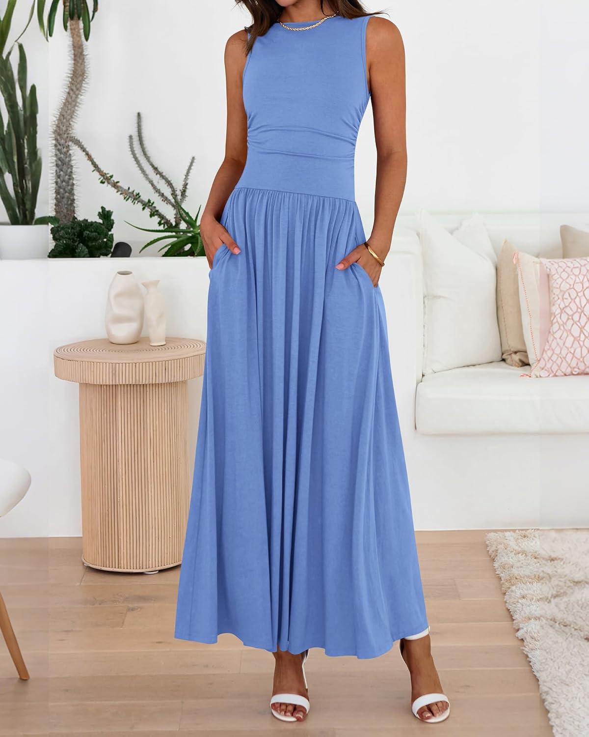 imageBTFBM Summer Maxi Dresses for Women 2026 Spring Sleeveless Casual Ruched High Waisted Long Sundress Flowy Beach DressLight Blue