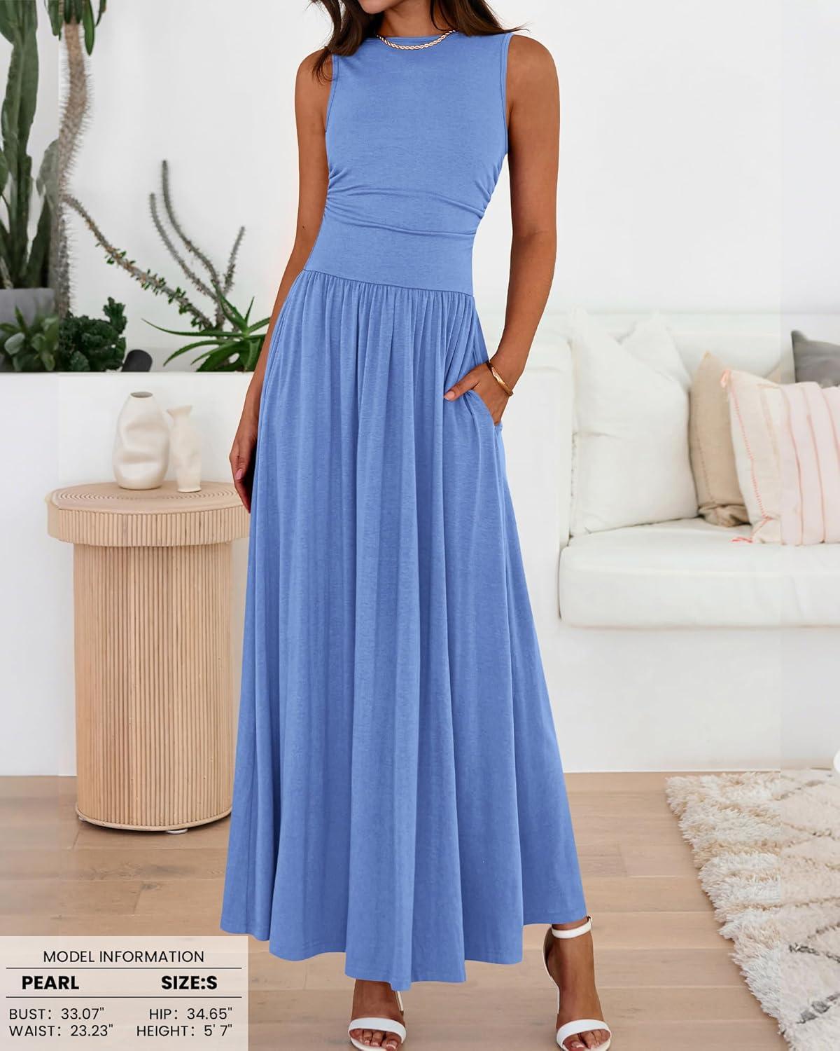 imageBTFBM Summer Maxi Dresses for Women 2026 Spring Sleeveless Casual Ruched High Waisted Long Sundress Flowy Beach DressLight Blue