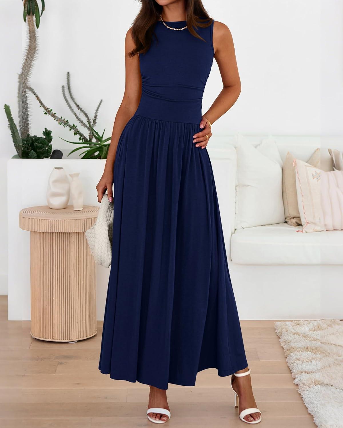 imageBTFBM Summer Maxi Dresses for Women 2026 Spring Sleeveless Casual Ruched High Waisted Long Sundress Flowy Beach DressNavy