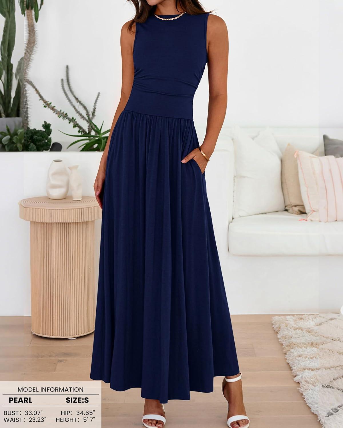 imageBTFBM Summer Maxi Dresses for Women 2026 Spring Sleeveless Casual Ruched High Waisted Long Sundress Flowy Beach DressNavy