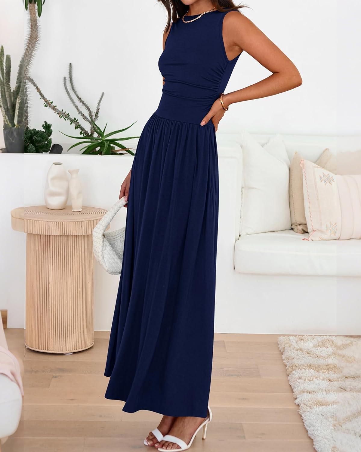 imageBTFBM Summer Maxi Dresses for Women 2026 Spring Sleeveless Casual Ruched High Waisted Long Sundress Flowy Beach DressNavy