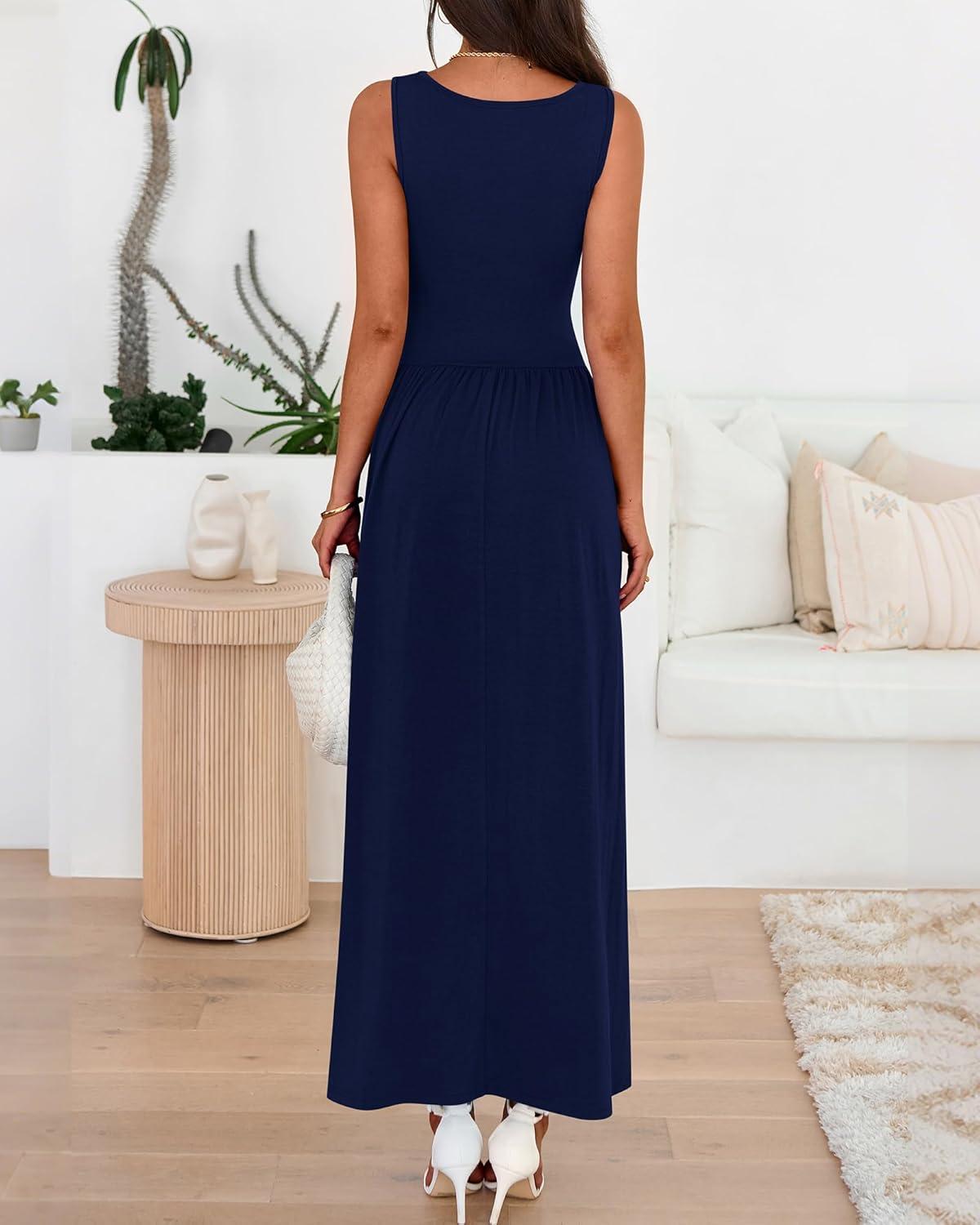 imageBTFBM Summer Maxi Dresses for Women 2026 Spring Sleeveless Casual Ruched High Waisted Long Sundress Flowy Beach DressNavy