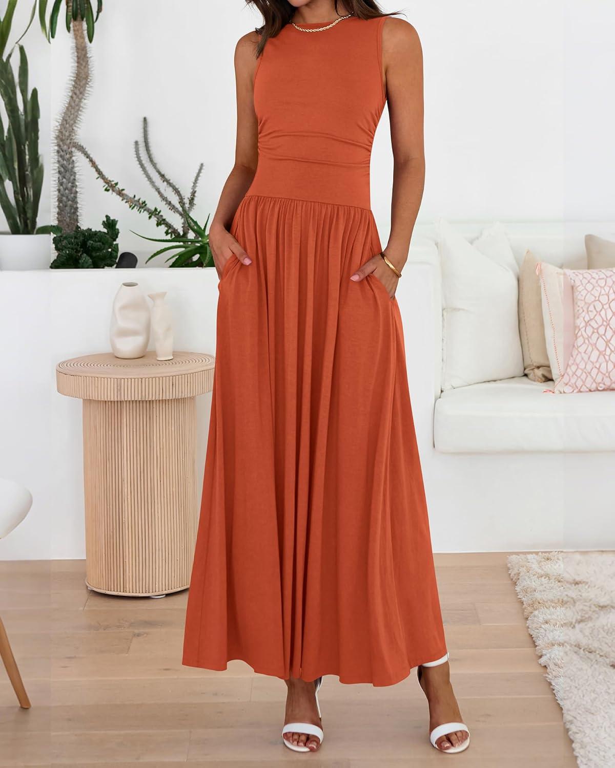 imageBTFBM Summer Maxi Dresses for Women 2026 Spring Sleeveless Casual Ruched High Waisted Long Sundress Flowy Beach DressOrange