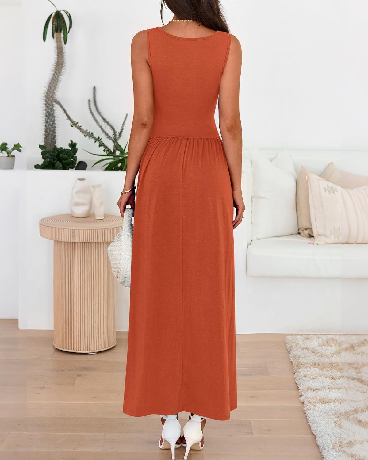 imageBTFBM Summer Maxi Dresses for Women 2026 Spring Sleeveless Casual Ruched High Waisted Long Sundress Flowy Beach DressOrange