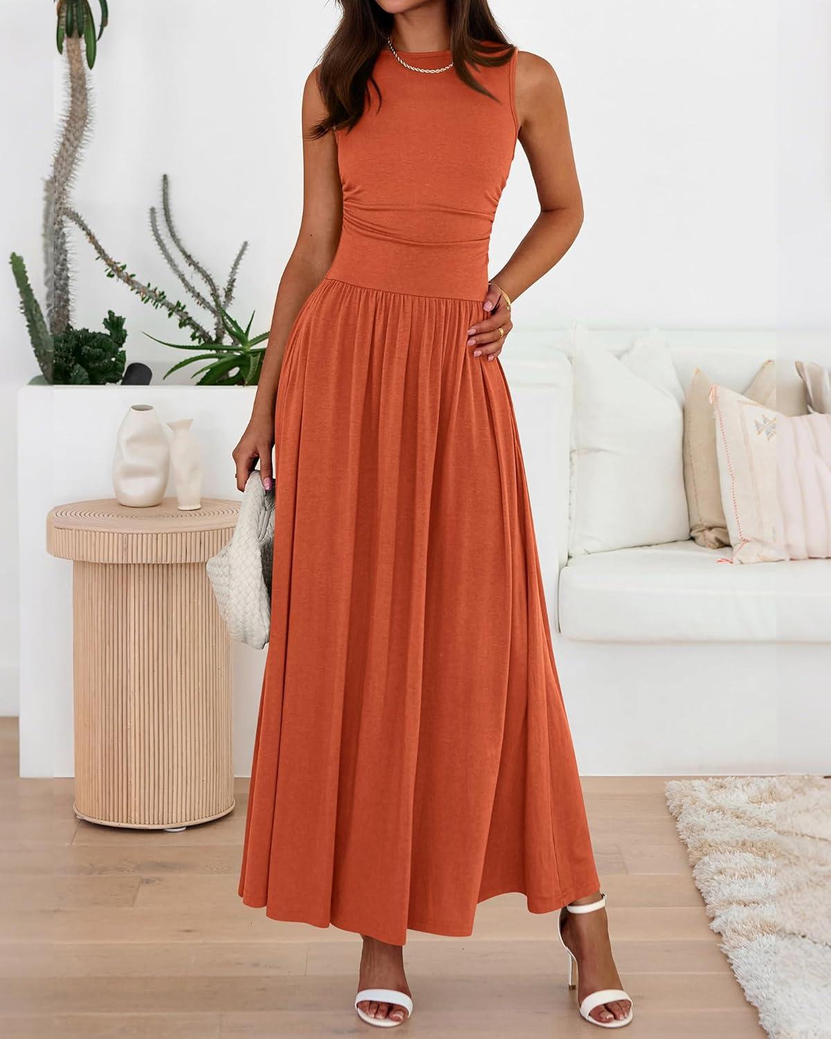 imageBTFBM Summer Maxi Dresses for Women 2026 Spring Sleeveless Casual Ruched High Waisted Long Sundress Flowy Beach DressOrange