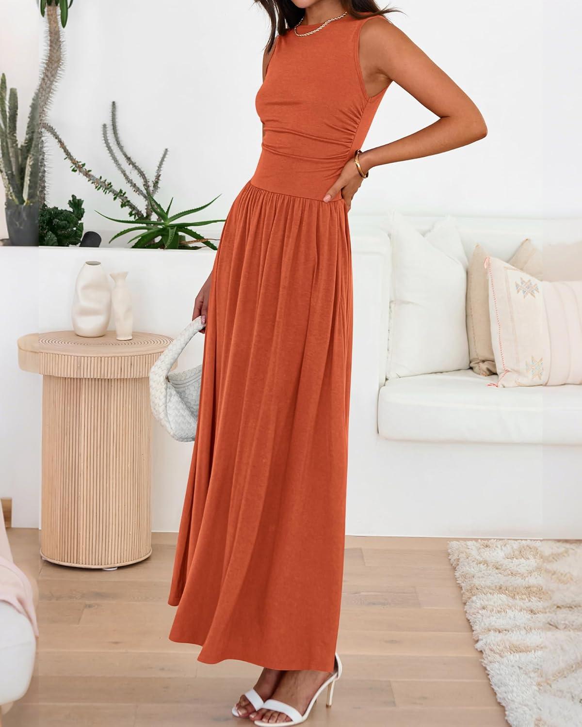 imageBTFBM Summer Maxi Dresses for Women 2026 Spring Sleeveless Casual Ruched High Waisted Long Sundress Flowy Beach DressOrange