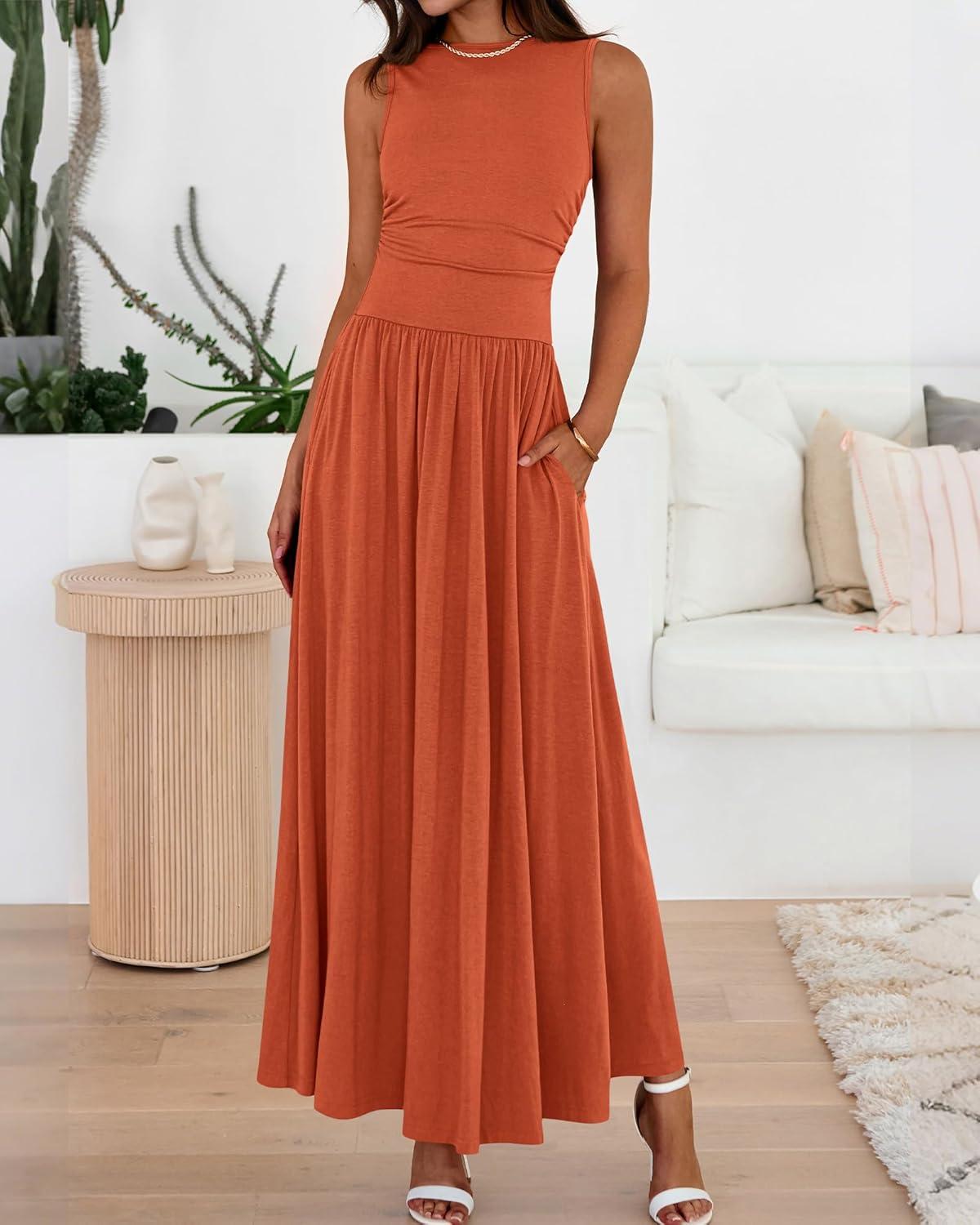 imageBTFBM Summer Maxi Dresses for Women 2026 Spring Sleeveless Casual Ruched High Waisted Long Sundress Flowy Beach DressOrange