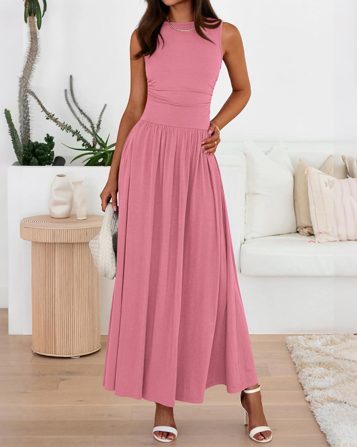 imageBTFBM Summer Maxi Dresses for Women 2026 Spring Sleeveless Casual Ruched High Waisted Long Sundress Flowy Beach DressPink