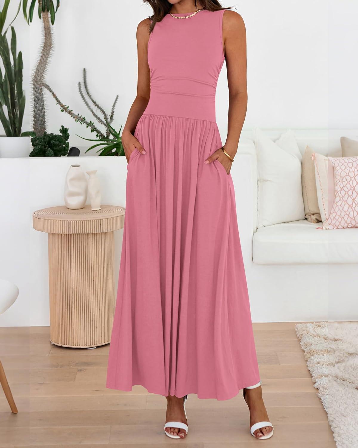 imageBTFBM Summer Maxi Dresses for Women 2026 Spring Sleeveless Casual Ruched High Waisted Long Sundress Flowy Beach DressPink