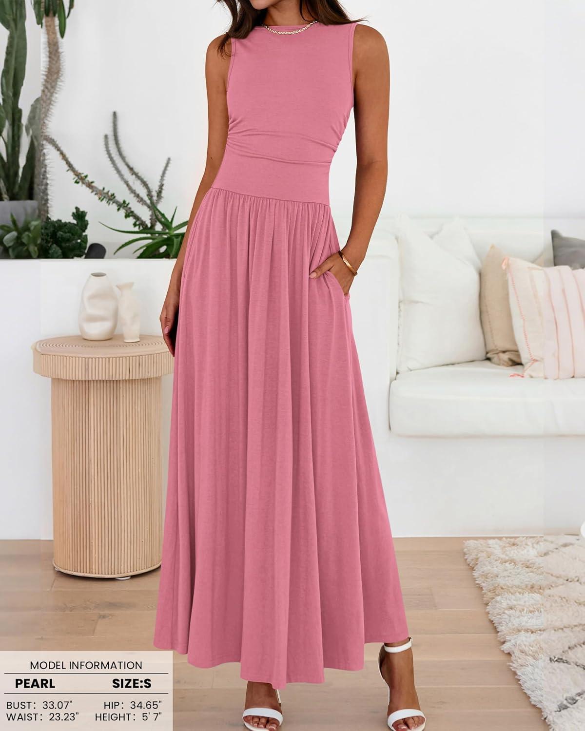 imageBTFBM Summer Maxi Dresses for Women 2026 Spring Sleeveless Casual Ruched High Waisted Long Sundress Flowy Beach DressPink