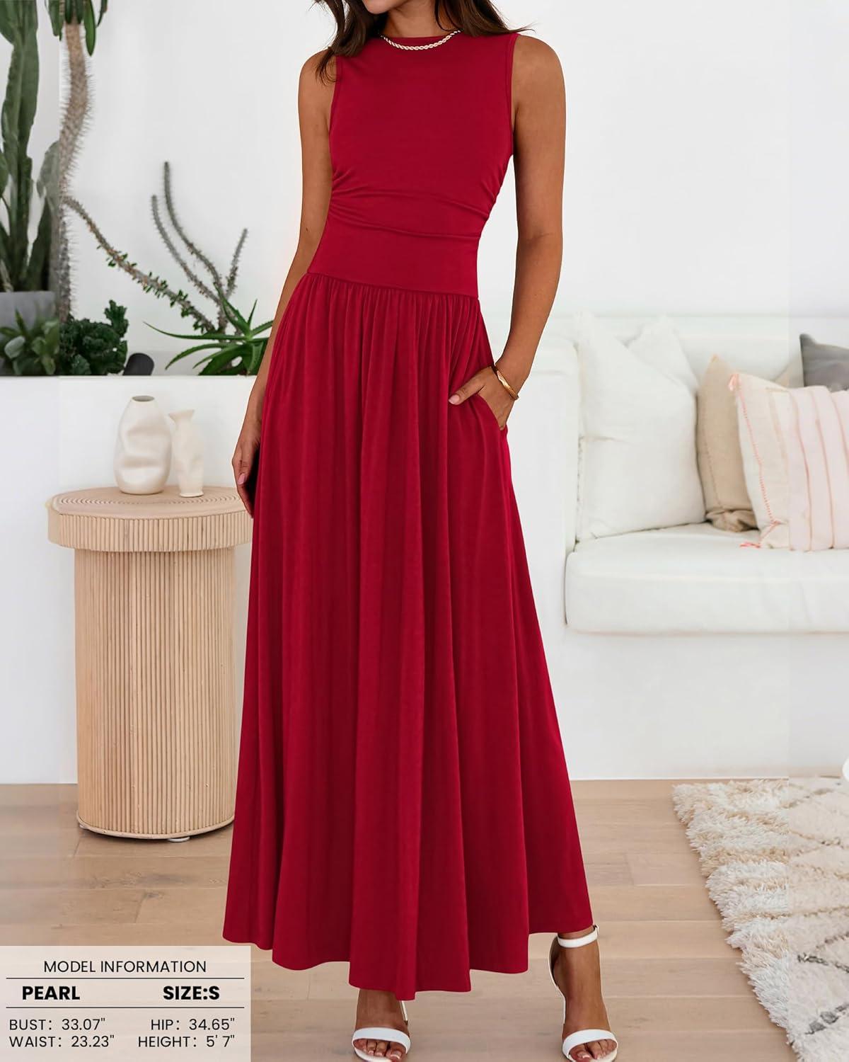 imageBTFBM Summer Maxi Dresses for Women 2026 Spring Sleeveless Casual Ruched High Waisted Long Sundress Flowy Beach DressRed