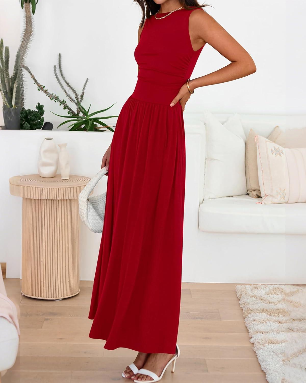 imageBTFBM Summer Maxi Dresses for Women 2026 Spring Sleeveless Casual Ruched High Waisted Long Sundress Flowy Beach DressRed