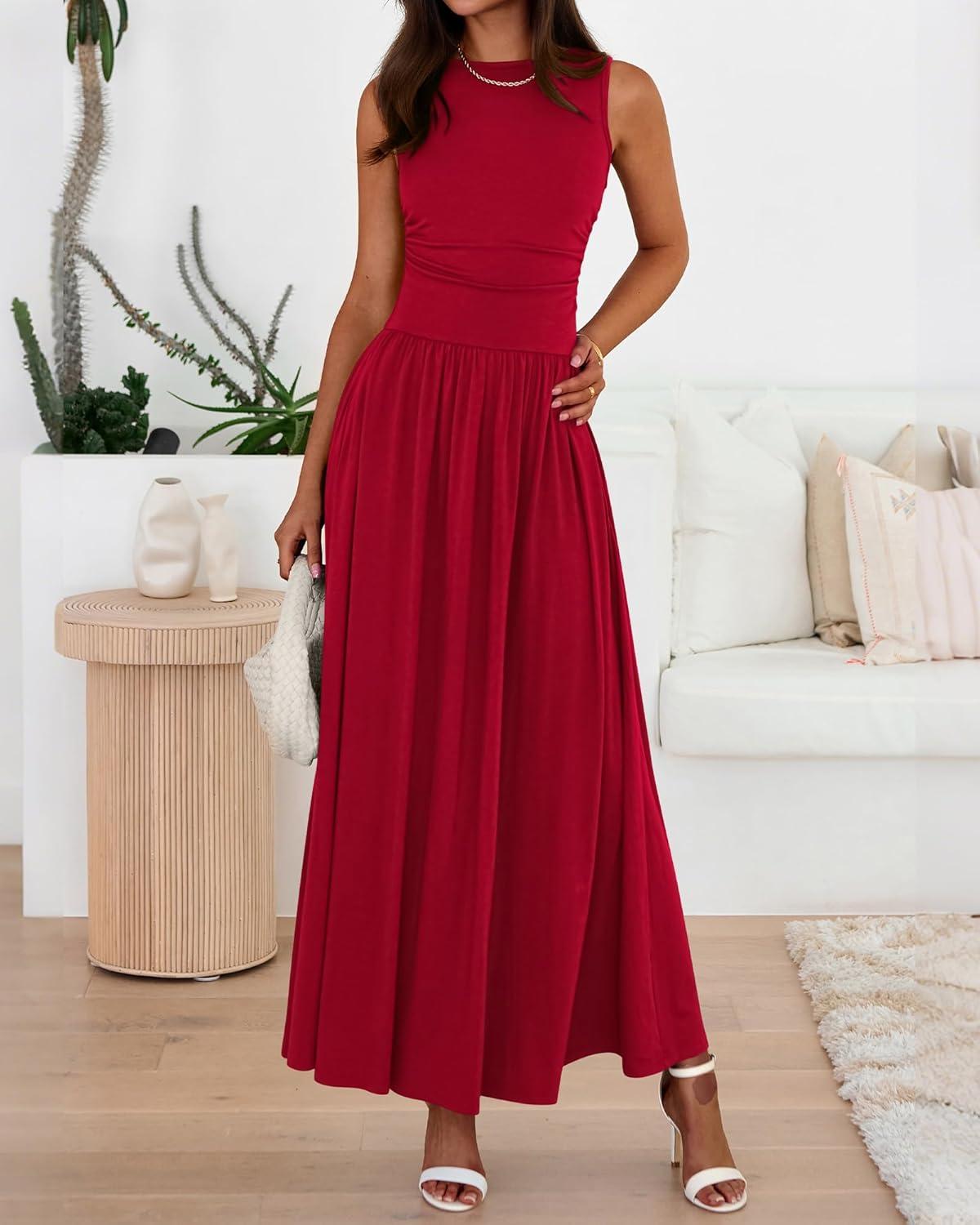 imageBTFBM Summer Maxi Dresses for Women 2026 Spring Sleeveless Casual Ruched High Waisted Long Sundress Flowy Beach DressRed