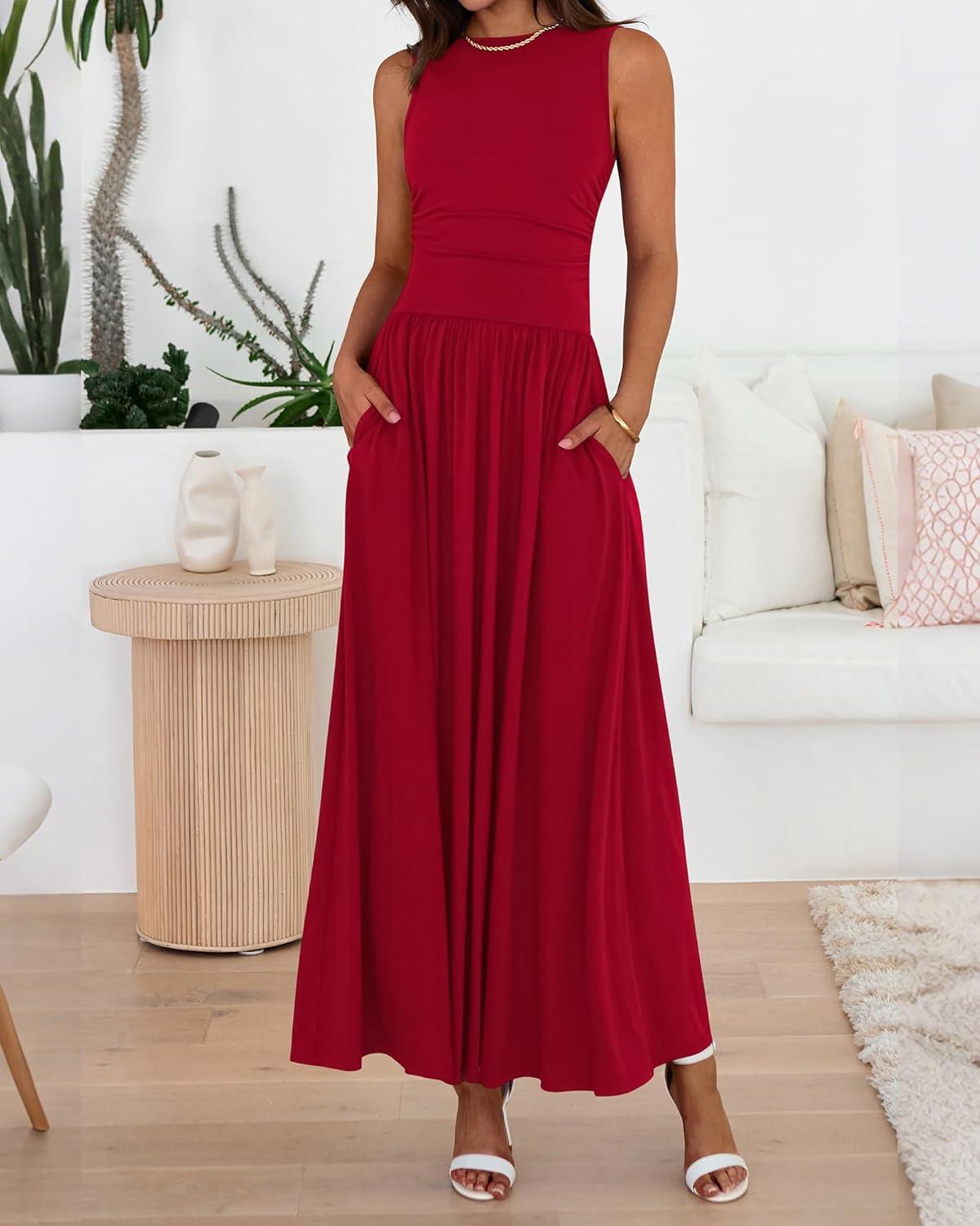 imageBTFBM Summer Maxi Dresses for Women 2026 Spring Sleeveless Casual Ruched High Waisted Long Sundress Flowy Beach DressRed
