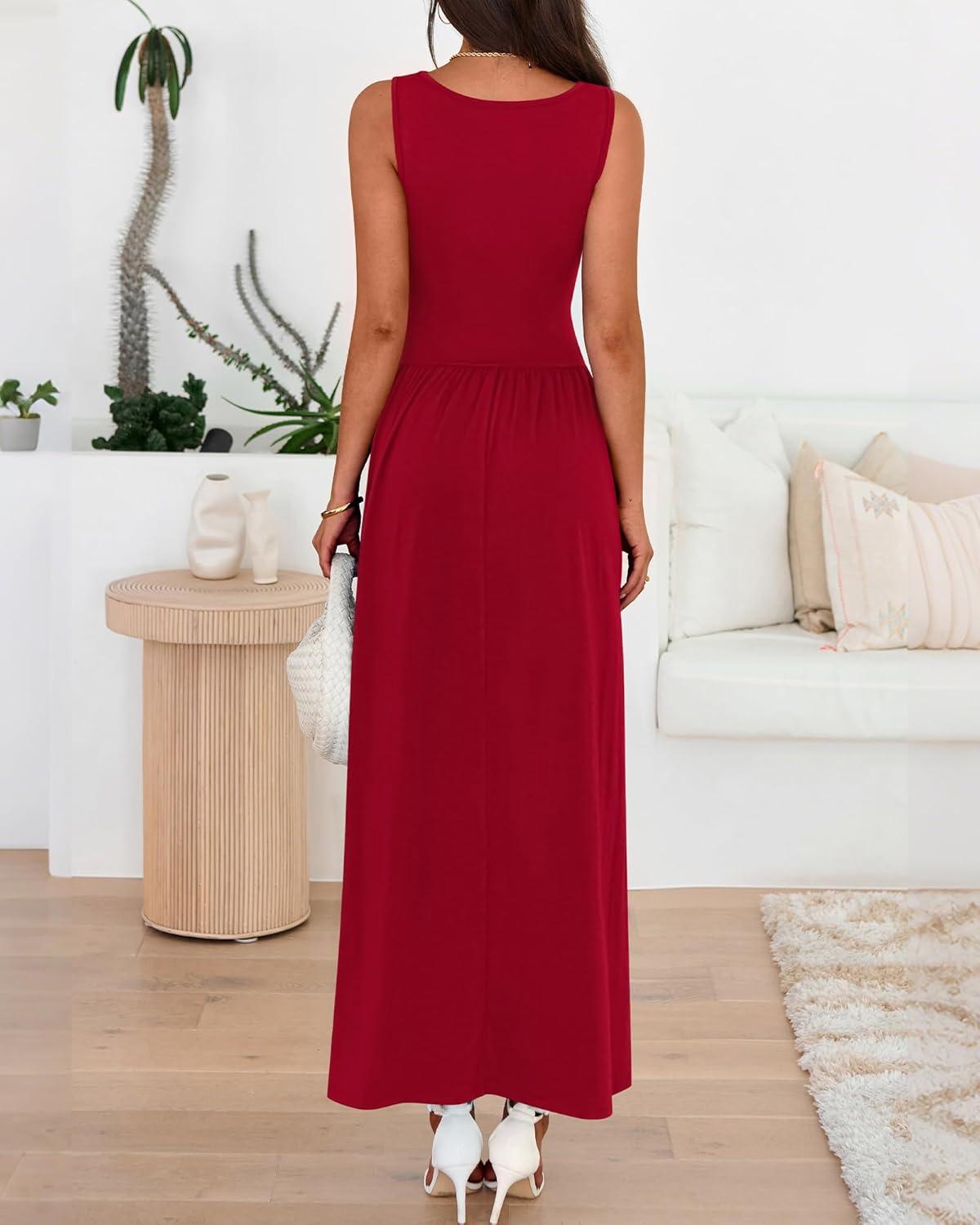 imageBTFBM Summer Maxi Dresses for Women 2026 Spring Sleeveless Casual Ruched High Waisted Long Sundress Flowy Beach DressRed