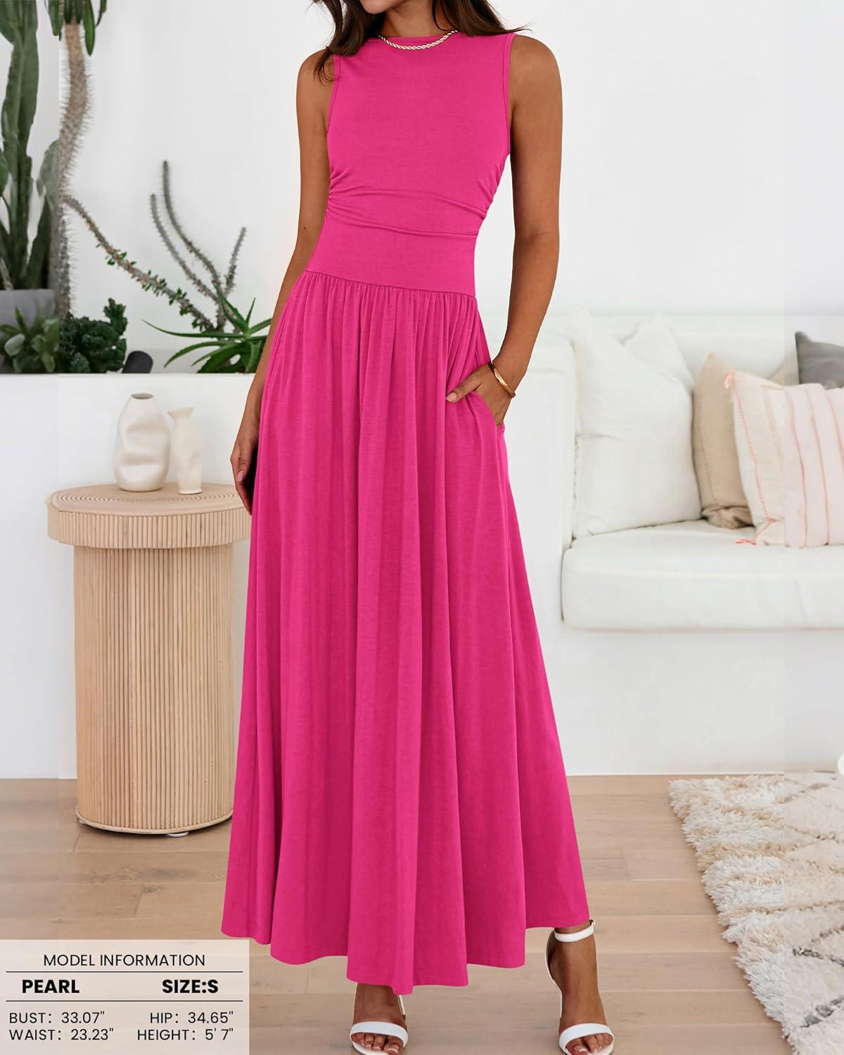 imageBTFBM Summer Maxi Dresses for Women 2026 Spring Sleeveless Casual Ruched High Waisted Long Sundress Flowy Beach DressRose Red