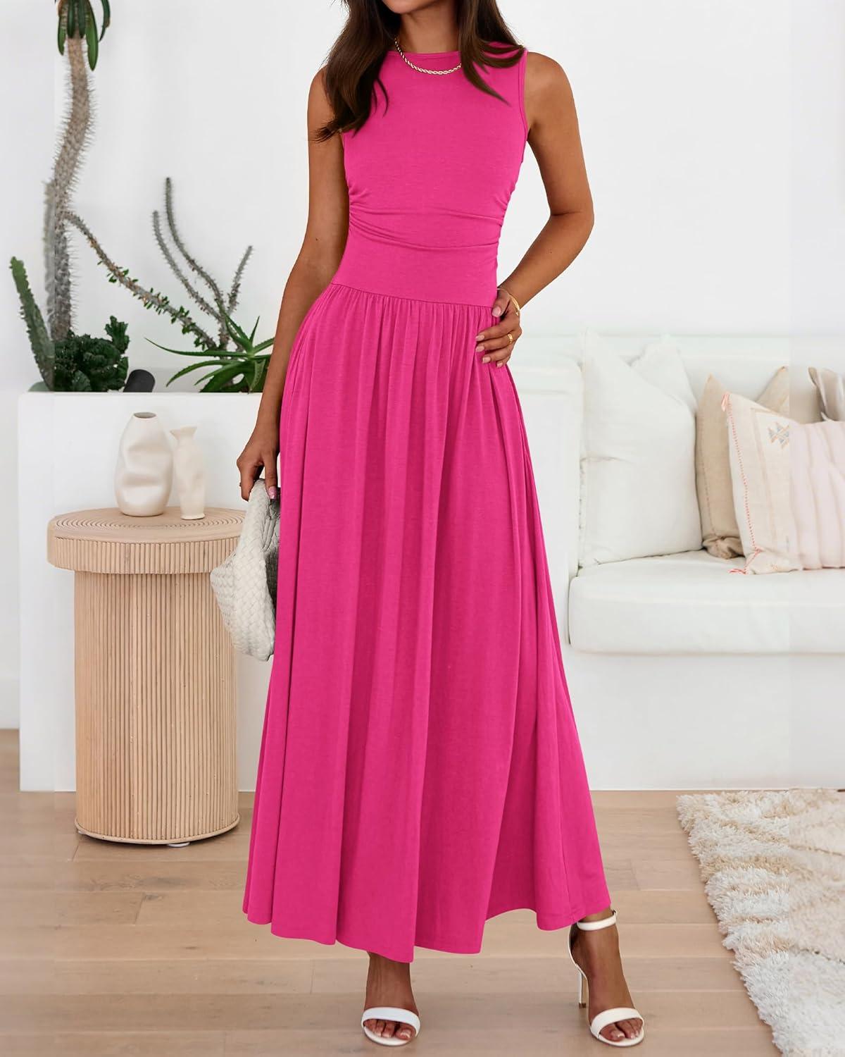 imageBTFBM Summer Maxi Dresses for Women 2026 Spring Sleeveless Casual Ruched High Waisted Long Sundress Flowy Beach DressRose Red