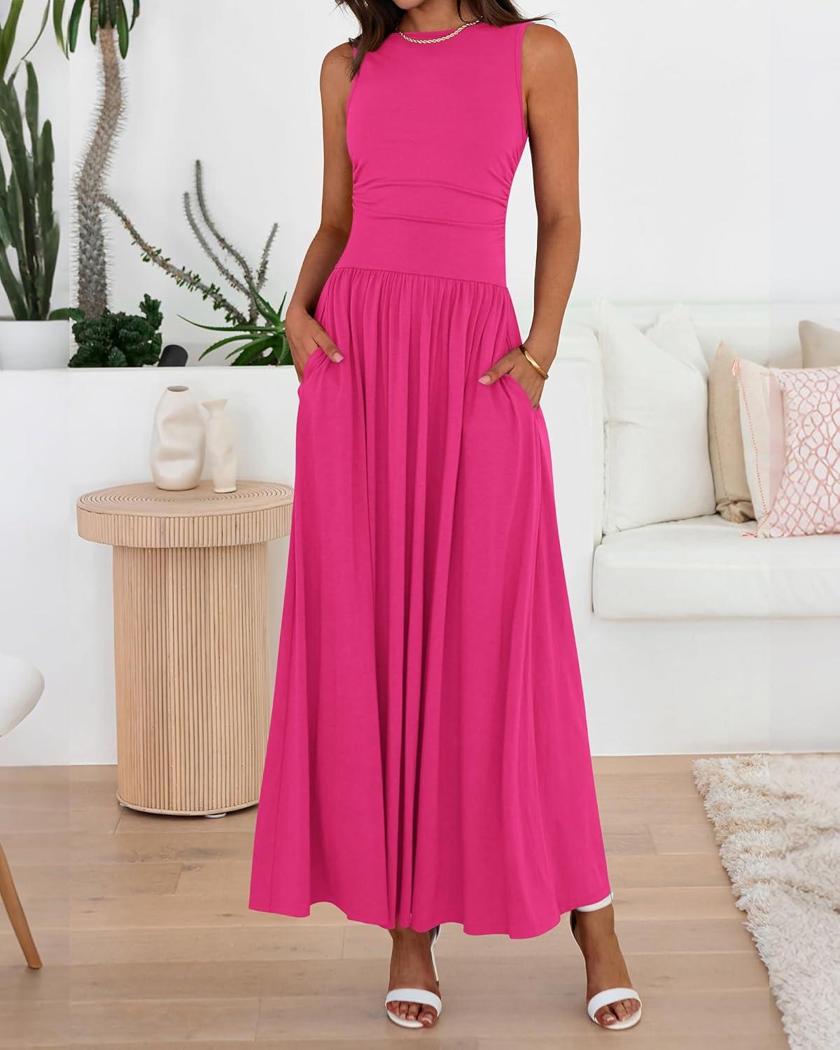 imageBTFBM Summer Maxi Dresses for Women 2026 Spring Sleeveless Casual Ruched High Waisted Long Sundress Flowy Beach DressRose Red