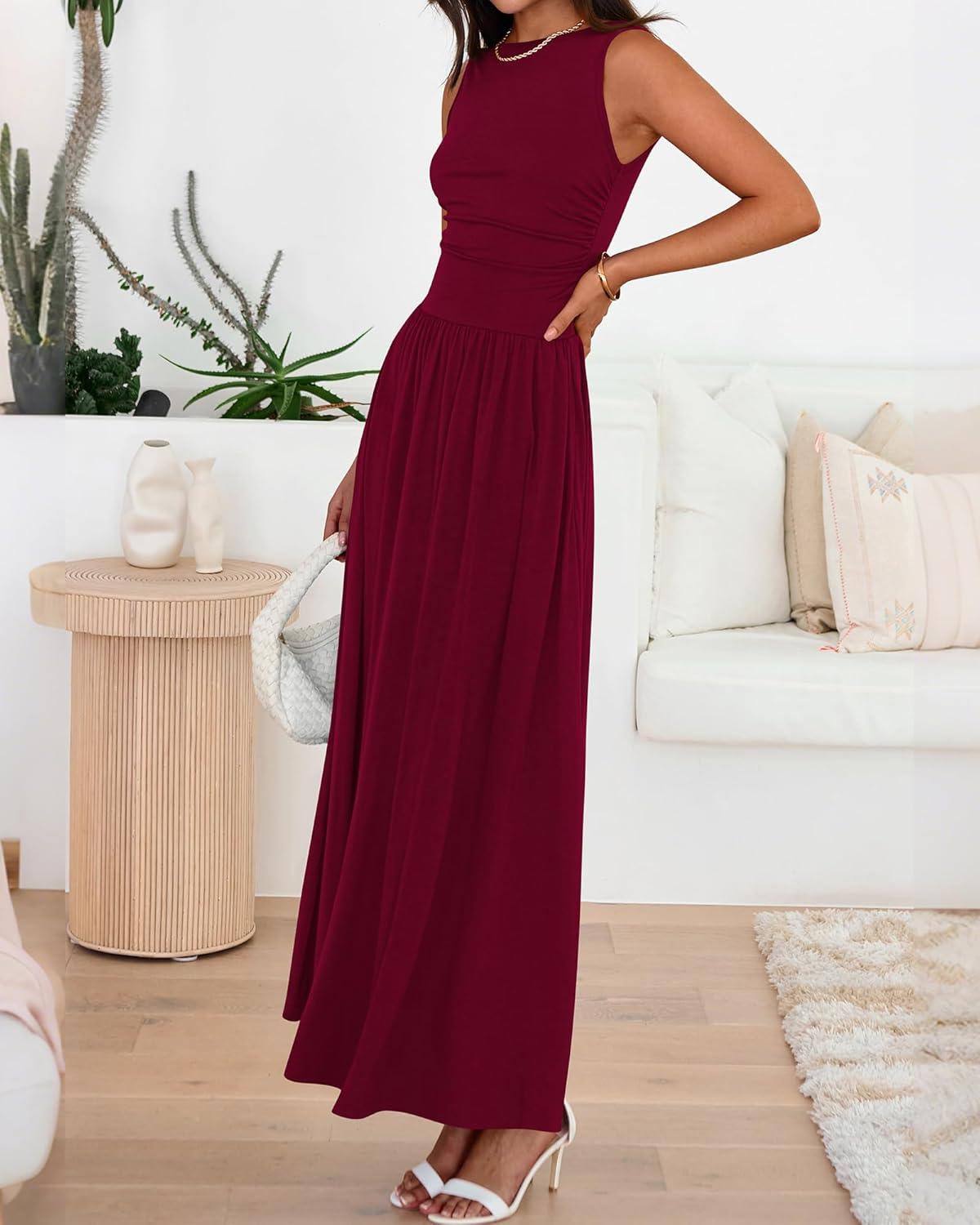 imageBTFBM Summer Maxi Dresses for Women 2026 Spring Sleeveless Casual Ruched High Waisted Long Sundress Flowy Beach DressWine Red