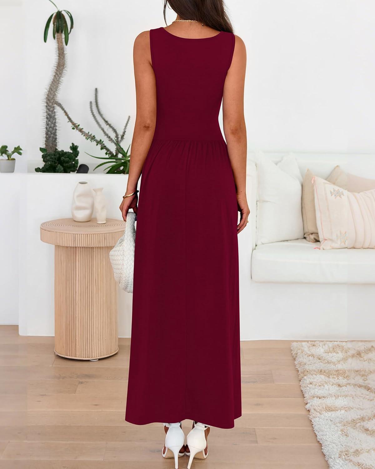 imageBTFBM Summer Maxi Dresses for Women 2026 Spring Sleeveless Casual Ruched High Waisted Long Sundress Flowy Beach DressWine Red