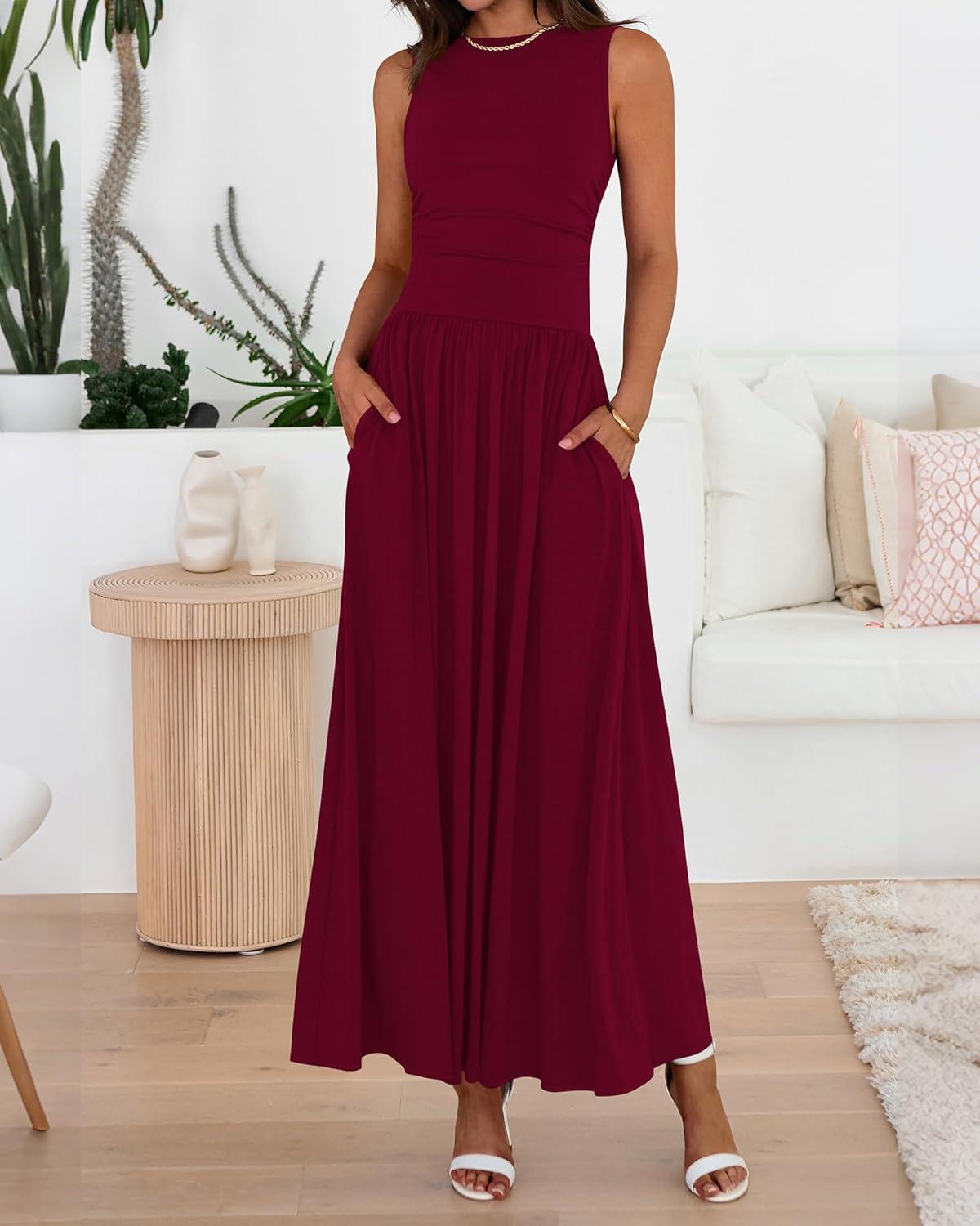 imageBTFBM Summer Maxi Dresses for Women 2026 Spring Sleeveless Casual Ruched High Waisted Long Sundress Flowy Beach DressWine Red