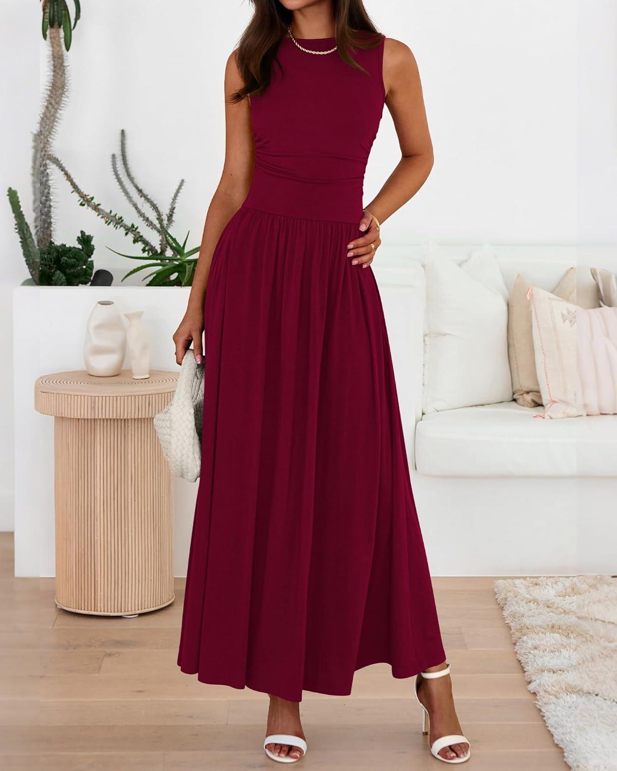 imageBTFBM Summer Maxi Dresses for Women 2026 Spring Sleeveless Casual Ruched High Waisted Long Sundress Flowy Beach DressWine Red