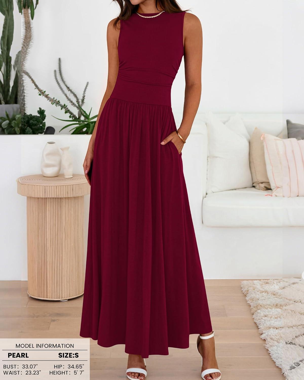 imageBTFBM Summer Maxi Dresses for Women 2026 Spring Sleeveless Casual Ruched High Waisted Long Sundress Flowy Beach DressWine Red