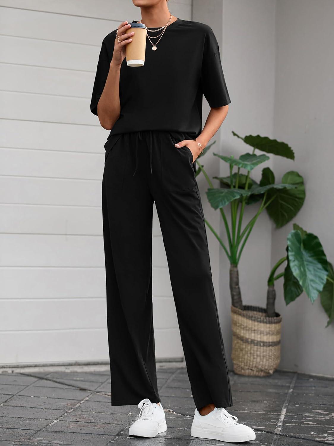imageBTFBM Summer Outfits For Women 2026 Two Piece Sets Casual Short Sleeve Spring Tops Wide Leg Pants Matching Lounge SetBlack