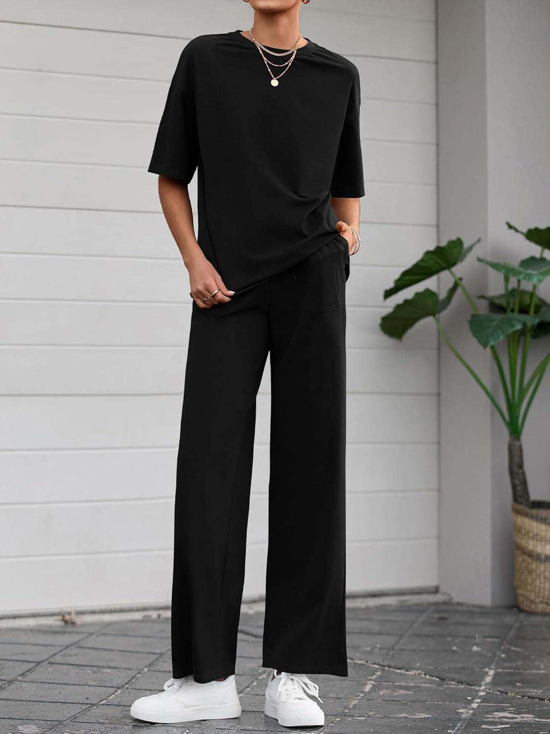 imageBTFBM Summer Outfits For Women 2026 Two Piece Sets Casual Short Sleeve Spring Tops Wide Leg Pants Matching Lounge SetBlack