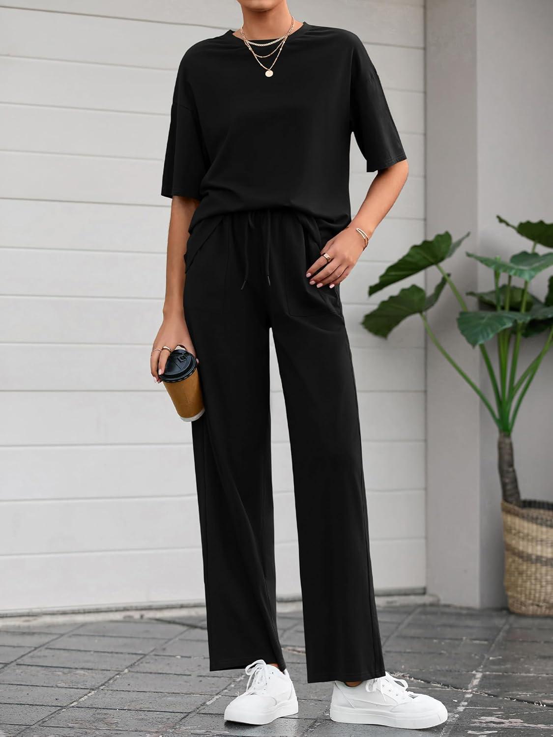 imageBTFBM Summer Outfits For Women 2026 Two Piece Sets Casual Short Sleeve Spring Tops Wide Leg Pants Matching Lounge SetBlack