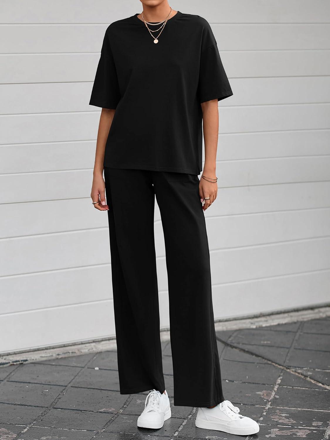 imageBTFBM Summer Outfits For Women 2026 Two Piece Sets Casual Short Sleeve Spring Tops Wide Leg Pants Matching Lounge SetBlack