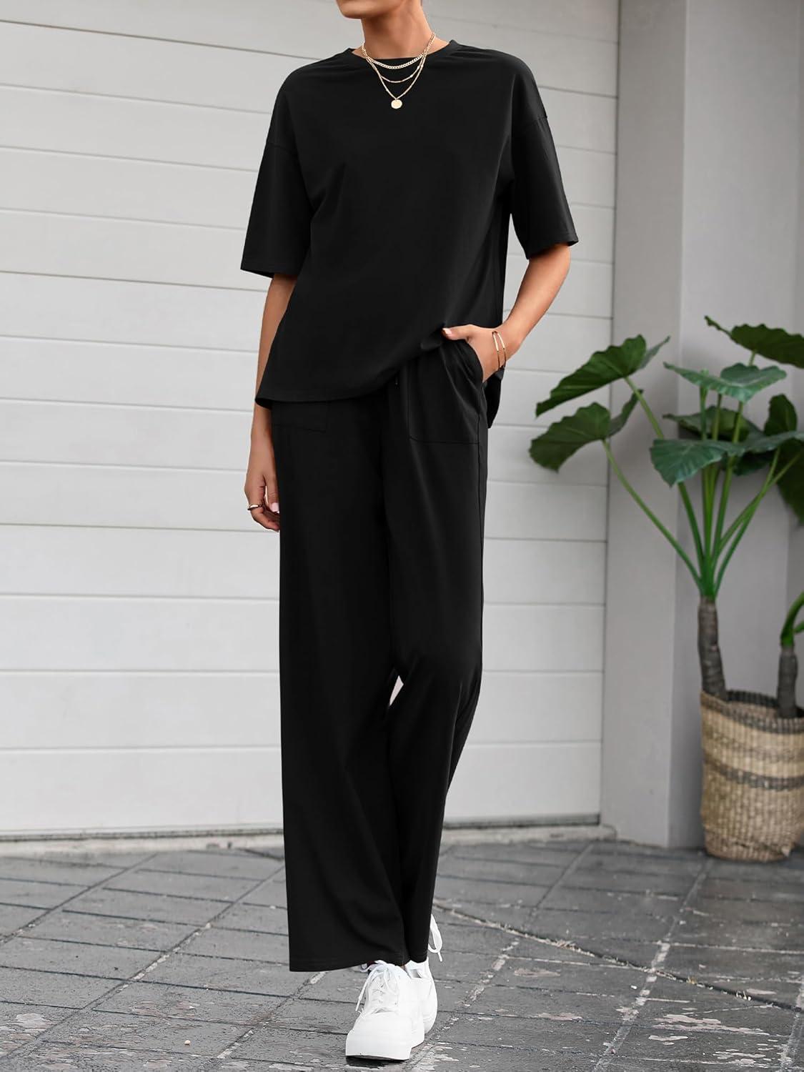 imageBTFBM Summer Outfits For Women 2026 Two Piece Sets Casual Short Sleeve Spring Tops Wide Leg Pants Matching Lounge SetBlack
