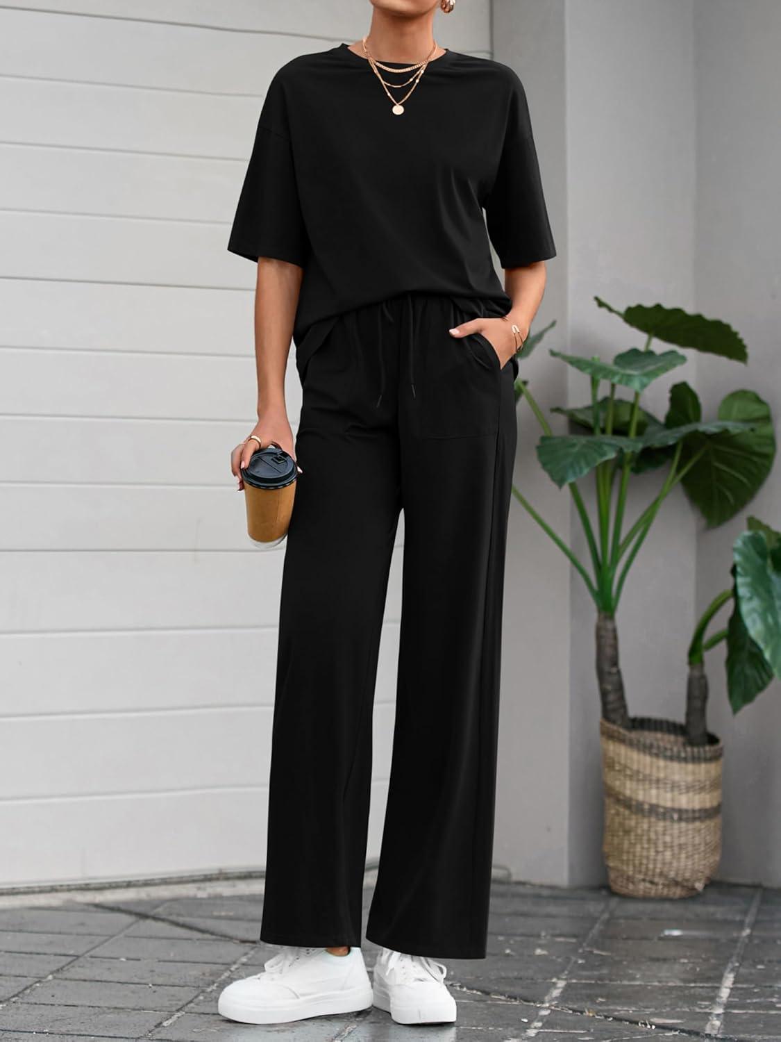 imageBTFBM Summer Outfits For Women 2026 Two Piece Sets Casual Short Sleeve Spring Tops Wide Leg Pants Matching Lounge SetBlack