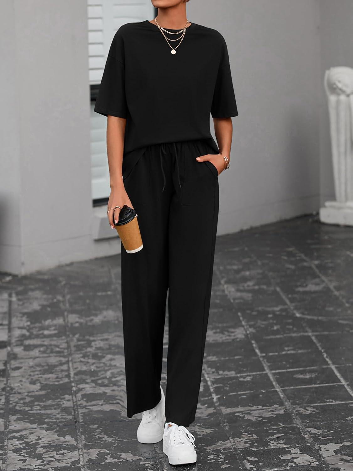 imageBTFBM Summer Outfits For Women 2026 Two Piece Sets Casual Short Sleeve Spring Tops Wide Leg Pants Matching Lounge SetBlack