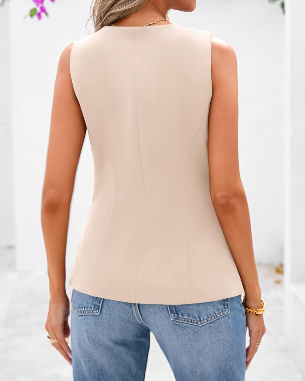 imageBTFBM Summer Sleeveless Blazer Vest For Women Dressy Button Down Round Neck Business Casual Outfits Work Suit Vests TopsBeige