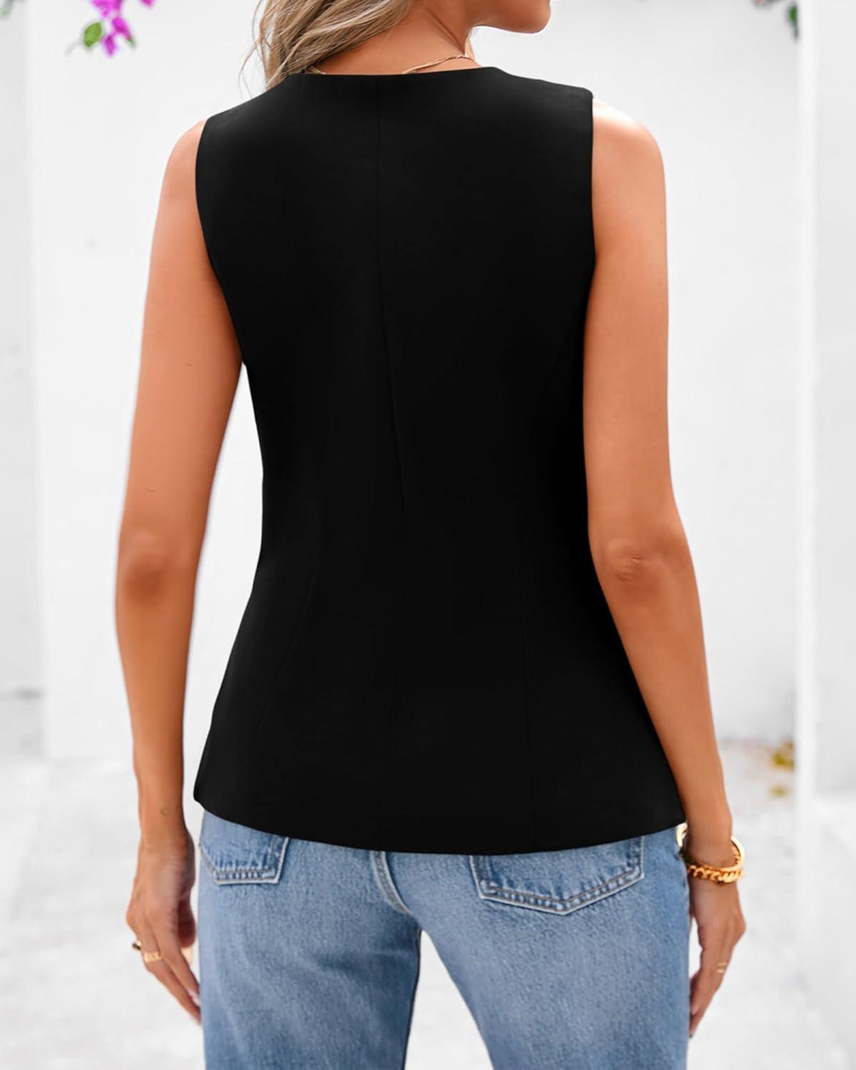 imageBTFBM Summer Sleeveless Blazer Vest For Women Dressy Button Down Round Neck Business Casual Outfits Work Suit Vests TopsBlack