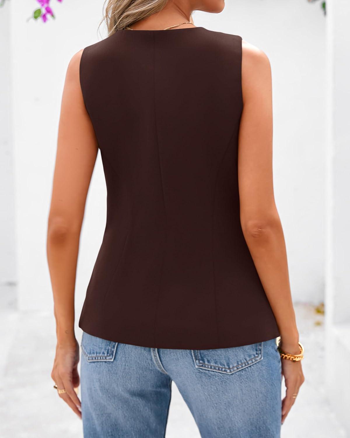 imageBTFBM Summer Sleeveless Blazer Vest For Women Dressy Button Down Round Neck Business Casual Outfits Work Suit Vests TopsBrown