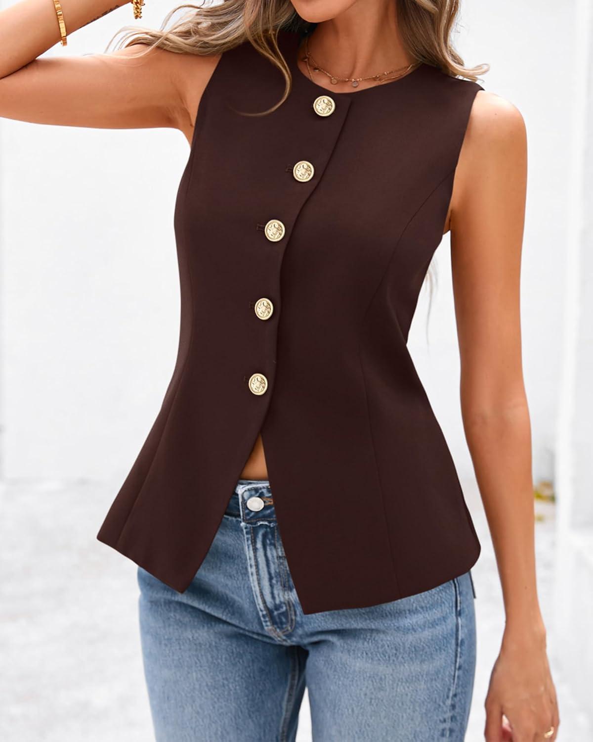 imageBTFBM Summer Sleeveless Blazer Vest For Women Dressy Button Down Round Neck Business Casual Outfits Work Suit Vests TopsBrown