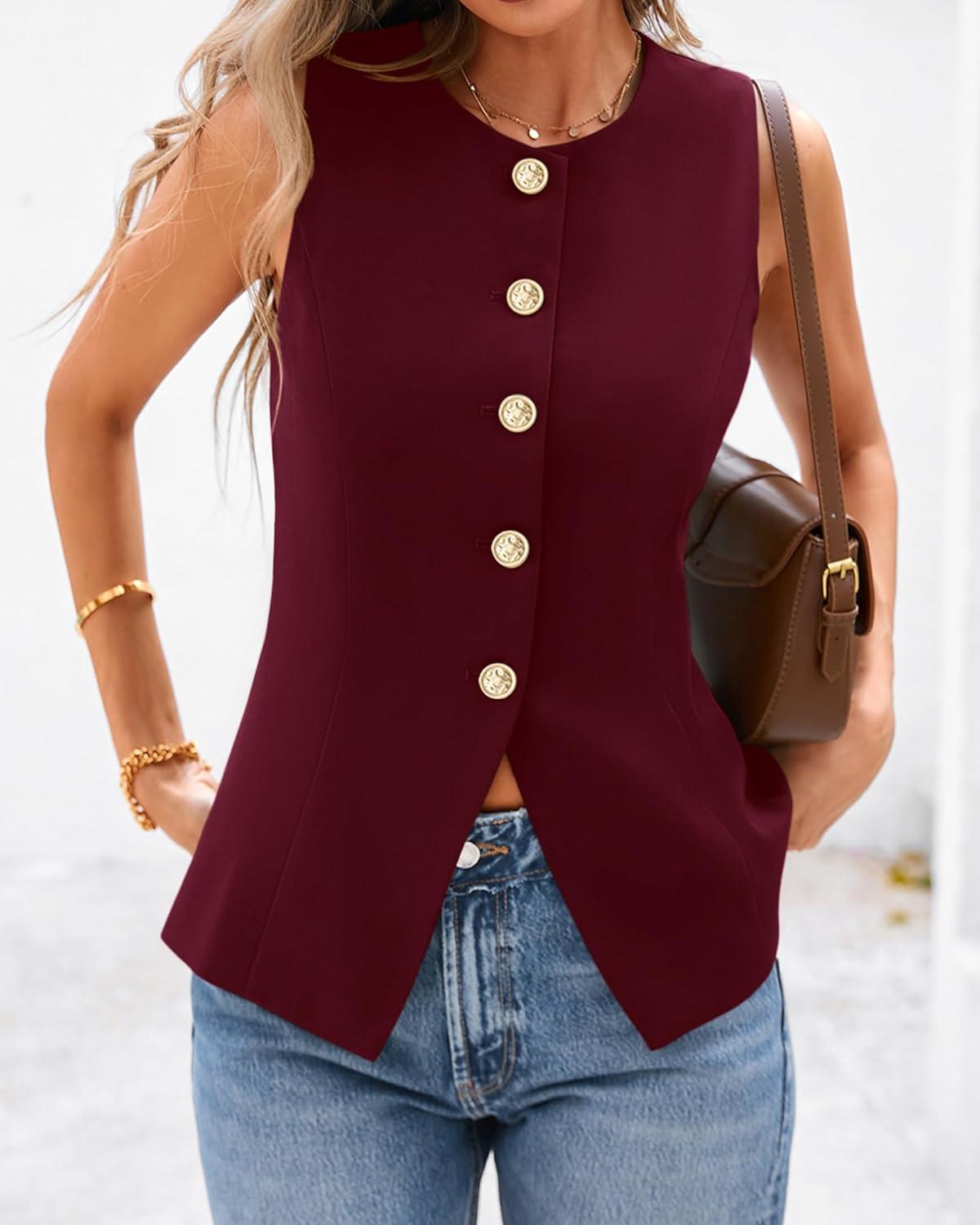 imageBTFBM Summer Sleeveless Blazer Vest For Women Dressy Button Down Round Neck Business Casual Outfits Work Suit Vests TopsBurgundy
