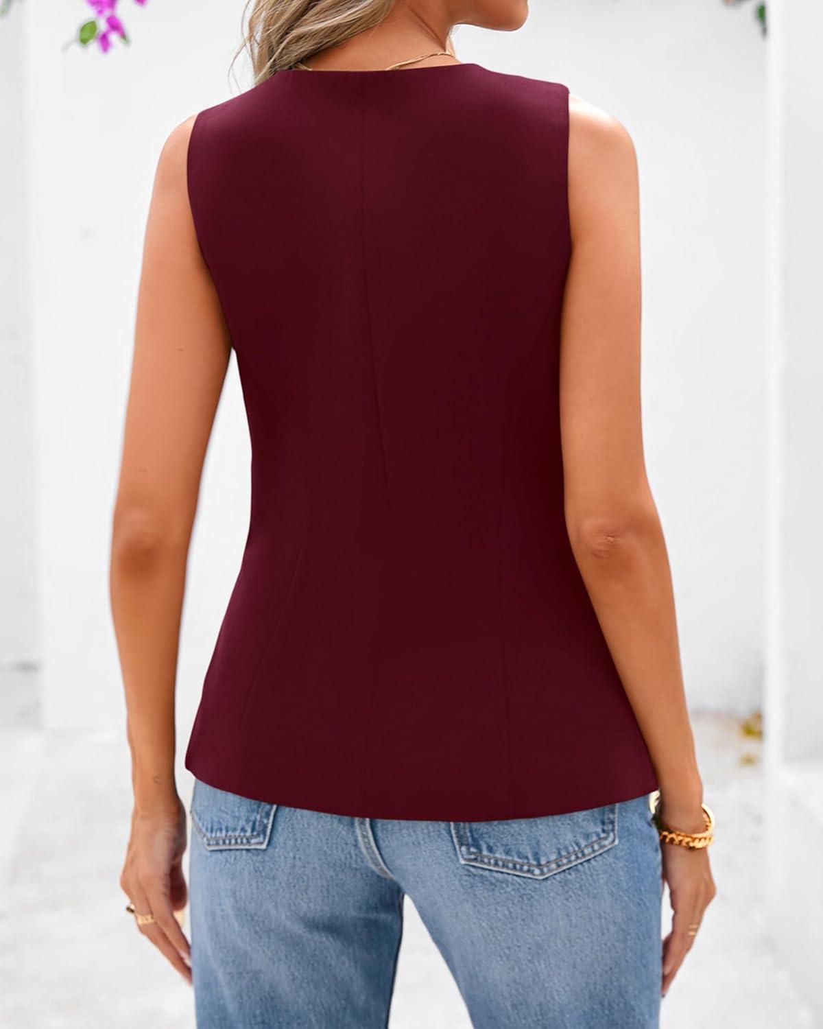 imageBTFBM Summer Sleeveless Blazer Vest For Women Dressy Button Down Round Neck Business Casual Outfits Work Suit Vests TopsBurgundy