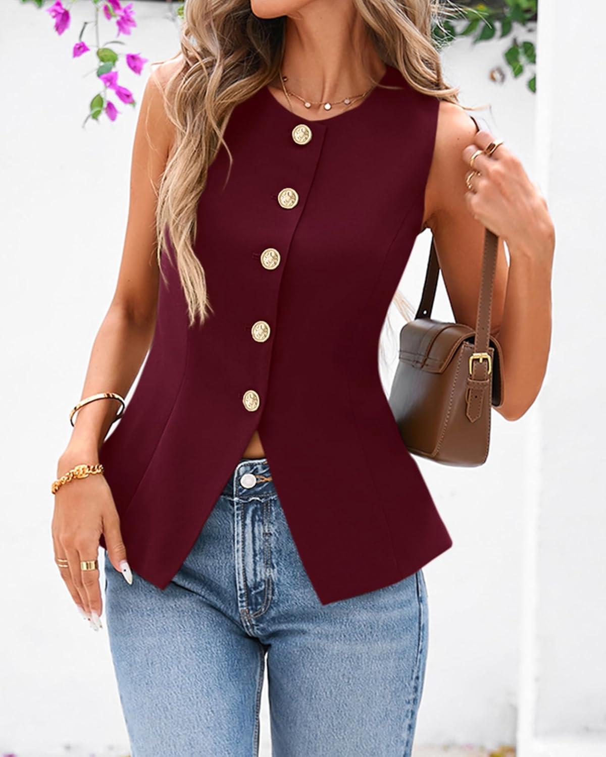 imageBTFBM Summer Sleeveless Blazer Vest For Women Dressy Button Down Round Neck Business Casual Outfits Work Suit Vests TopsBurgundy