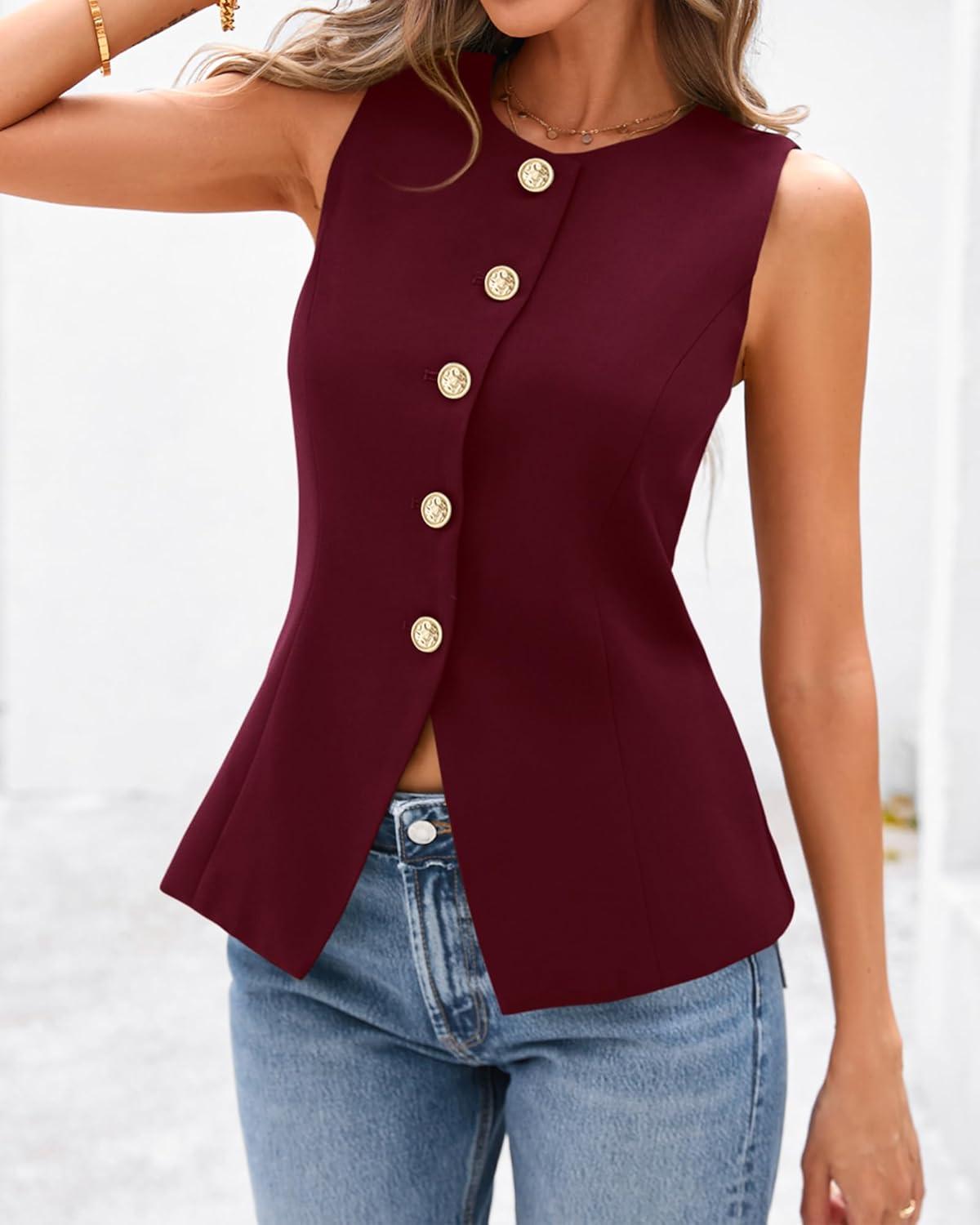 imageBTFBM Summer Sleeveless Blazer Vest For Women Dressy Button Down Round Neck Business Casual Outfits Work Suit Vests TopsBurgundy