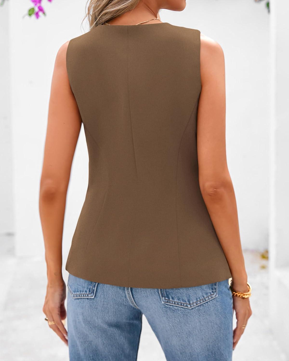 imageBTFBM Summer Sleeveless Blazer Vest For Women Dressy Button Down Round Neck Business Casual Outfits Work Suit Vests TopsCoffee