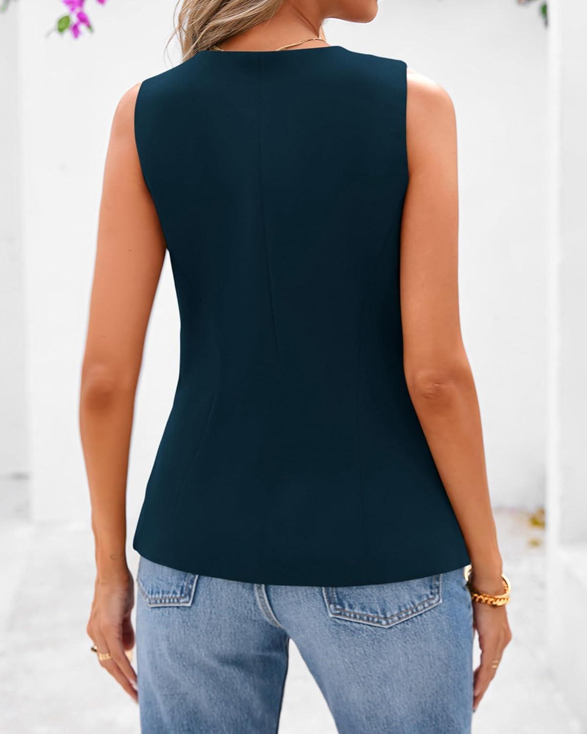 imageBTFBM Summer Sleeveless Blazer Vest For Women Dressy Button Down Round Neck Business Casual Outfits Work Suit Vests TopsDark Blue