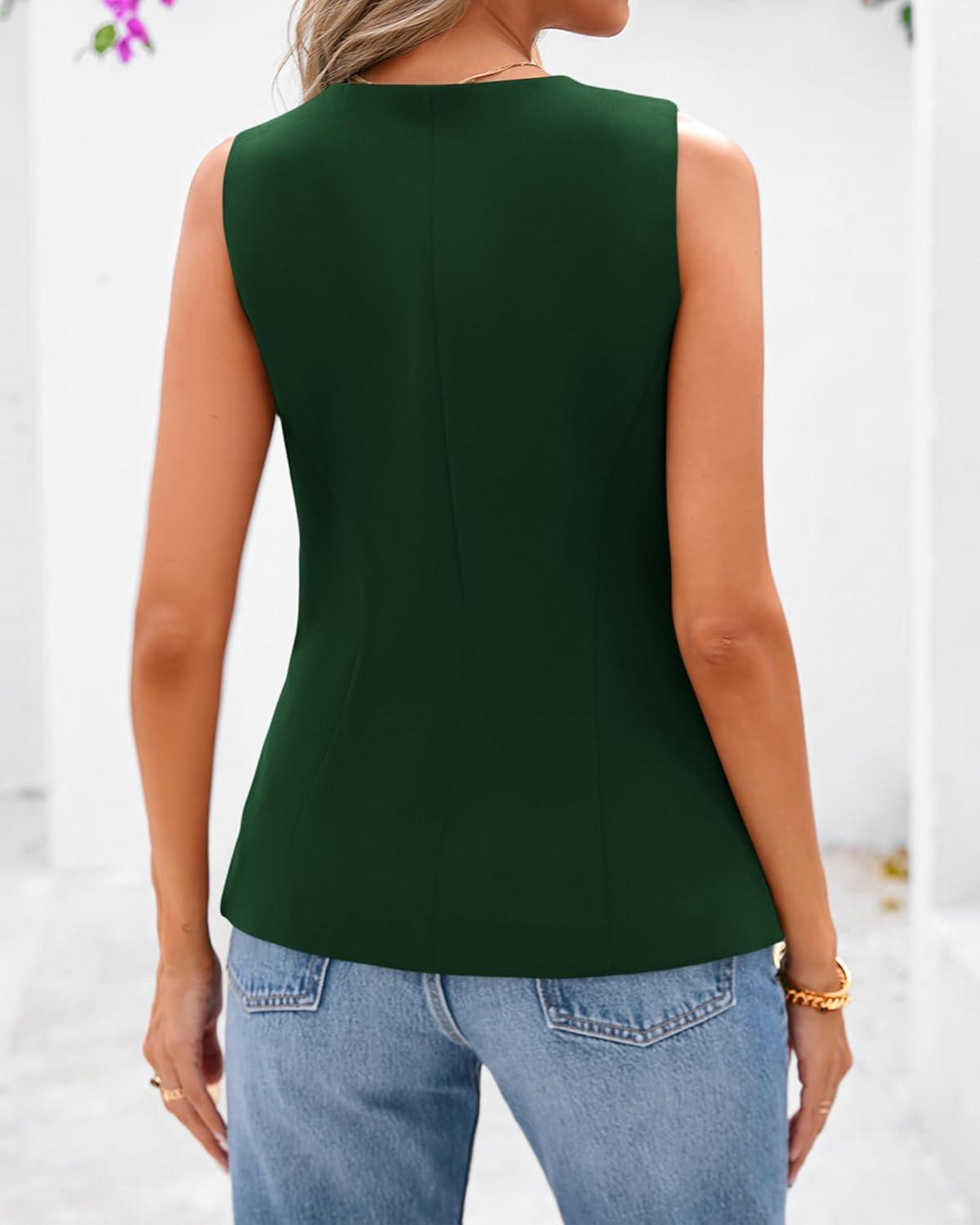 imageBTFBM Summer Sleeveless Blazer Vest For Women Dressy Button Down Round Neck Business Casual Outfits Work Suit Vests TopsDark Green