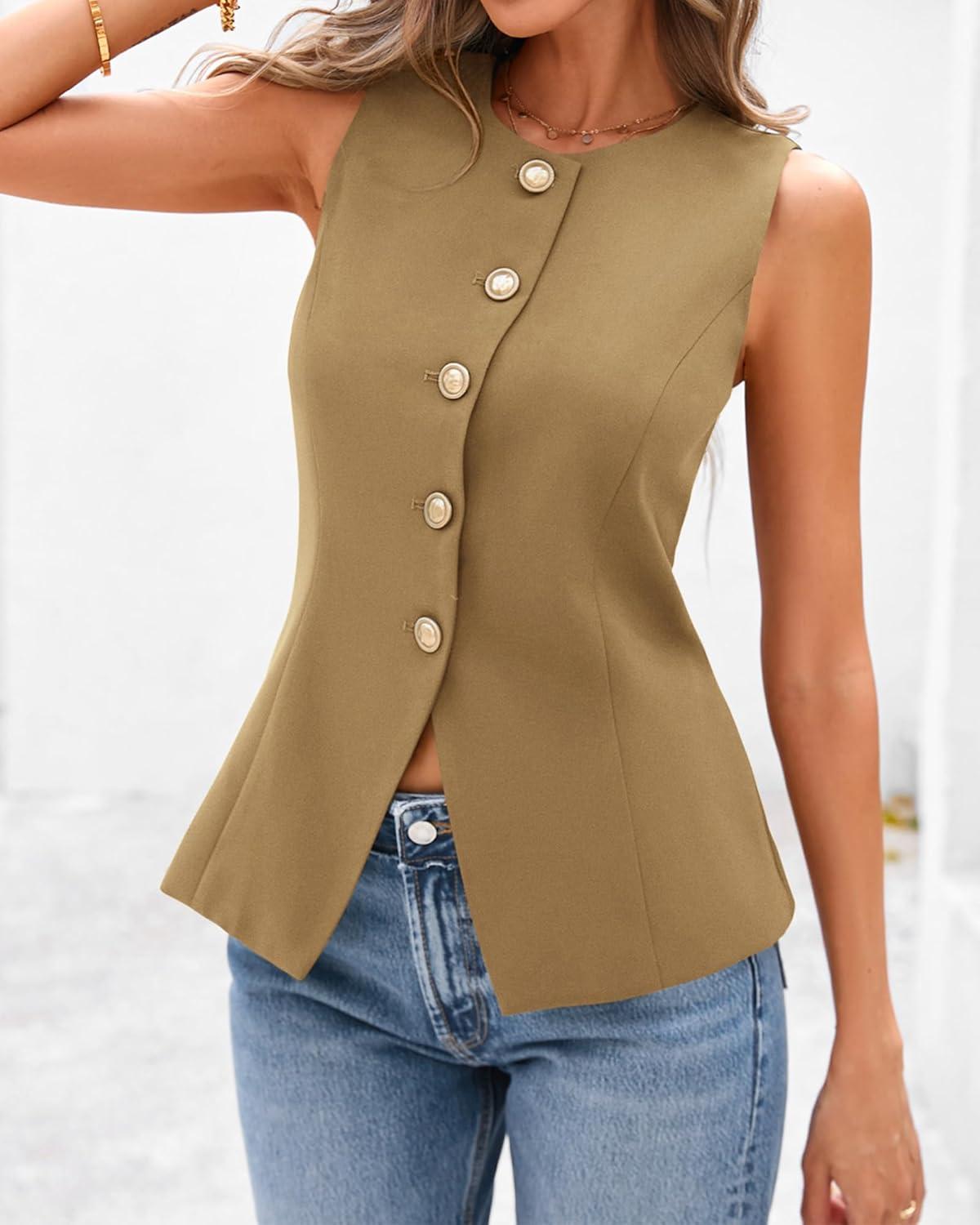 imageBTFBM Summer Sleeveless Blazer Vest For Women Dressy Button Down Round Neck Business Casual Outfits Work Suit Vests TopsKhaki