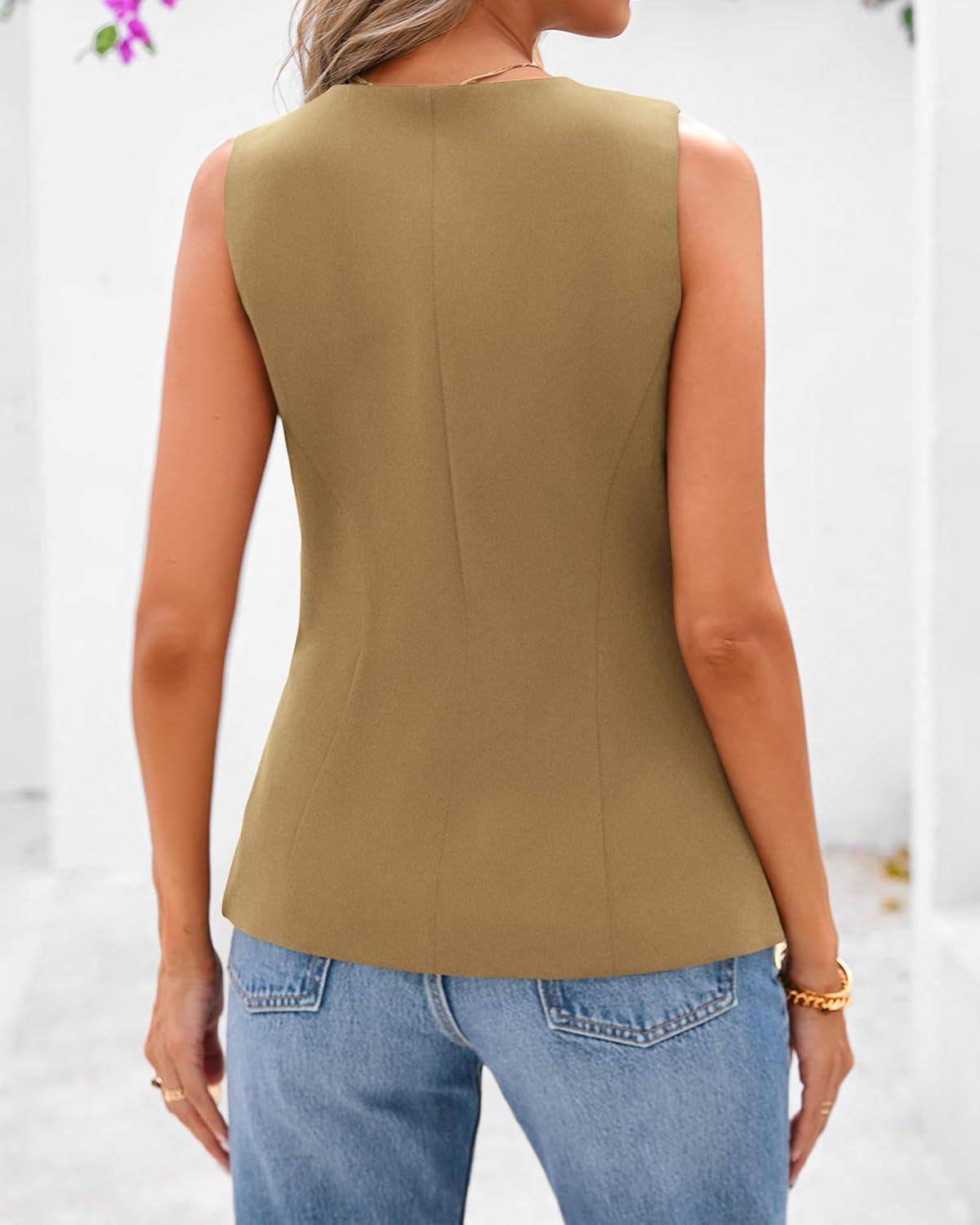 imageBTFBM Summer Sleeveless Blazer Vest For Women Dressy Button Down Round Neck Business Casual Outfits Work Suit Vests TopsKhaki