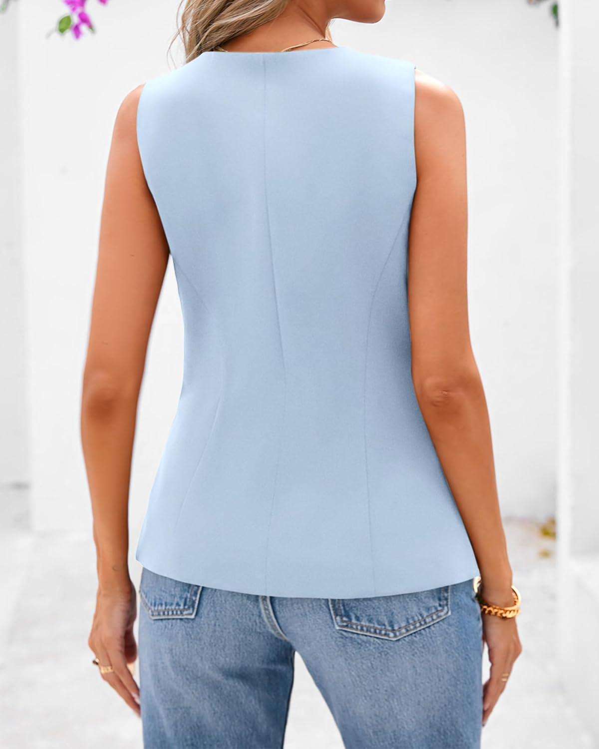 imageBTFBM Summer Sleeveless Blazer Vest For Women Dressy Button Down Round Neck Business Casual Outfits Work Suit Vests TopsLight Blue
