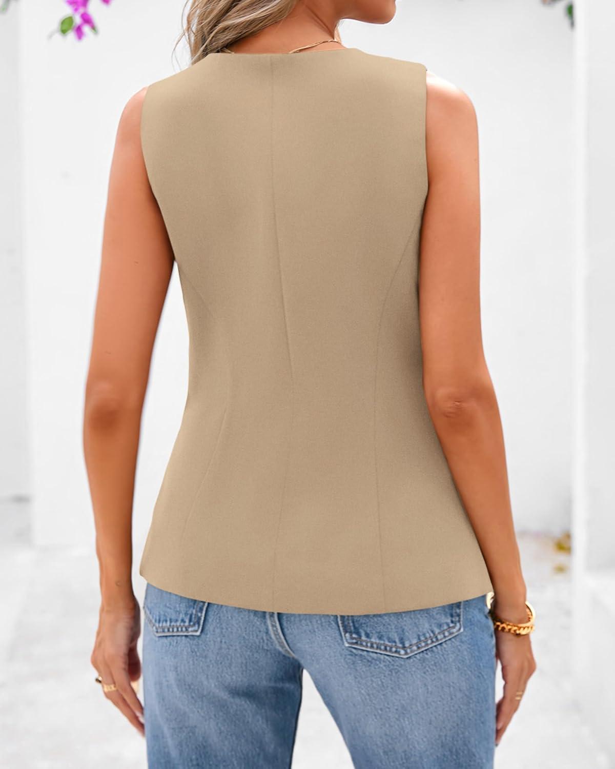 imageBTFBM Summer Sleeveless Blazer Vest For Women Dressy Button Down Round Neck Business Casual Outfits Work Suit Vests TopsLight Khaki