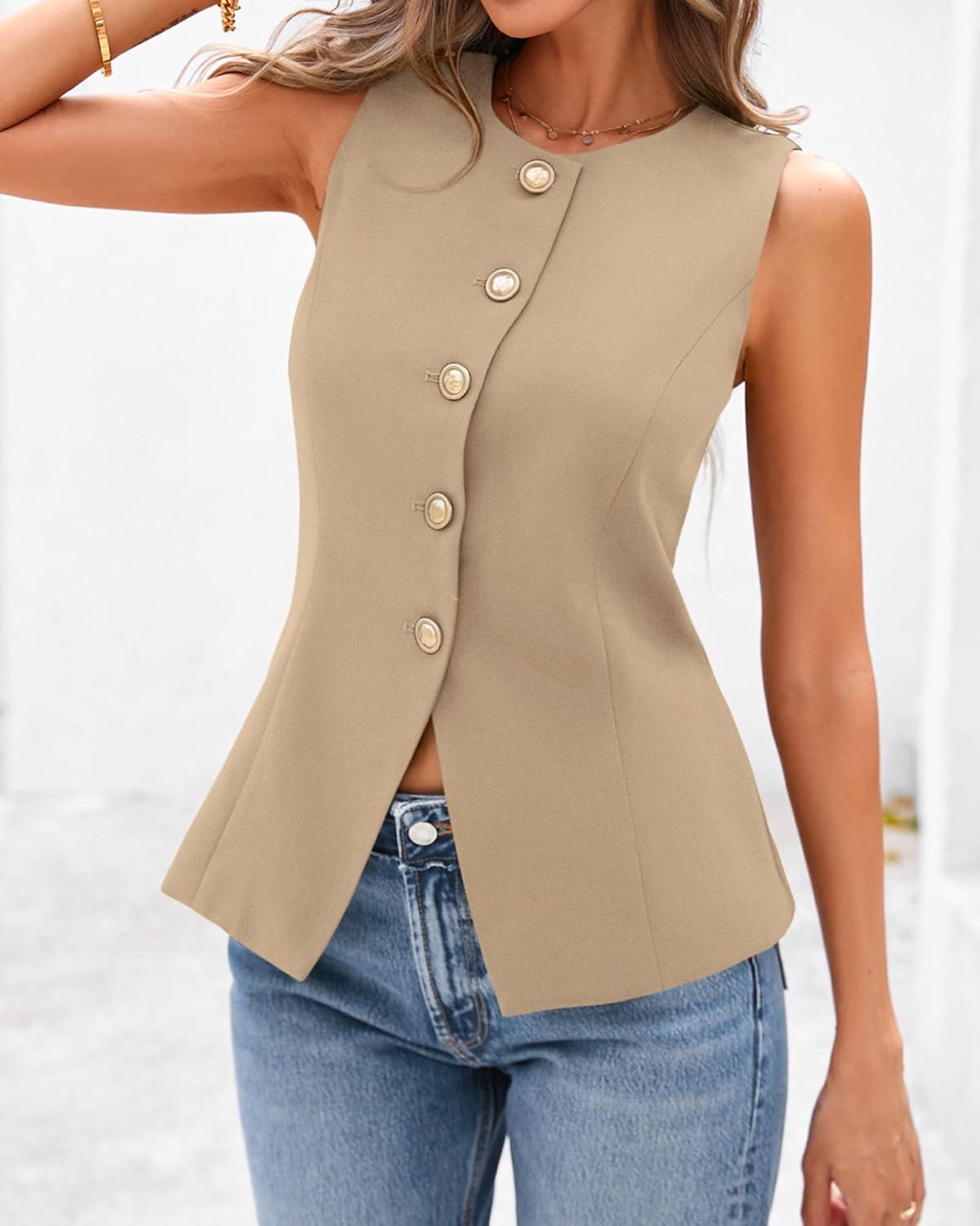 imageBTFBM Summer Sleeveless Blazer Vest For Women Dressy Button Down Round Neck Business Casual Outfits Work Suit Vests TopsLight Khaki